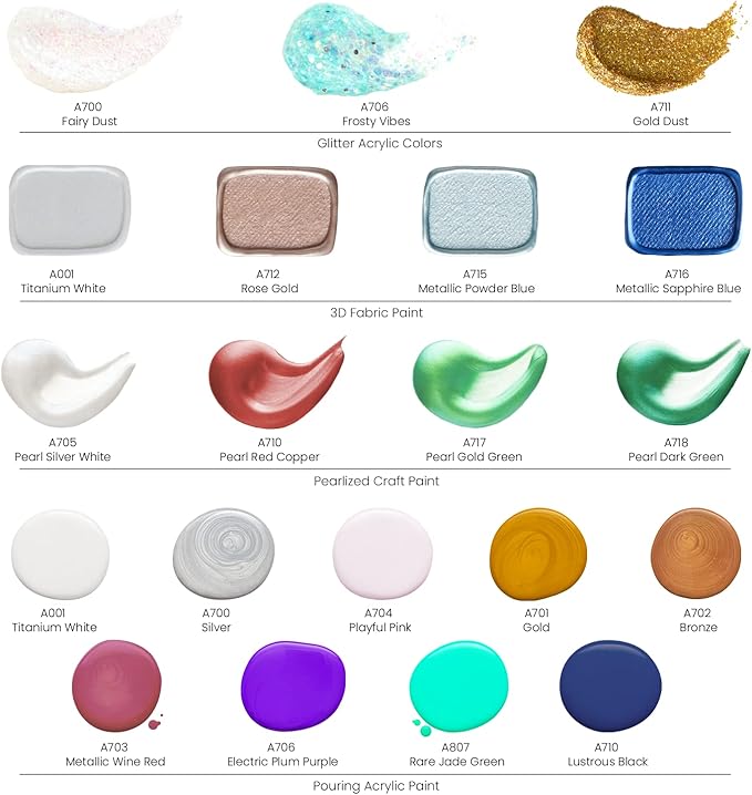Arteza Acrylic Pouring Paint Kit, 36 Pieces, Bright and Iridescent Pouring Paint, Pearlized Paint, 3D Fabric Paint, Chunky Glitter, Wood Slices, Canvases, and Foam Brushes, Art Supplies for Painters