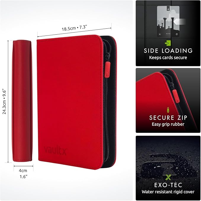 Vault X 4 Pocket Trading Card Zip Binder, 160 cards, Premium Exo-Tec Album Material, 20 Side-Loading Pages, Folder for Collectible Card Games, Sports, TCG (Red)