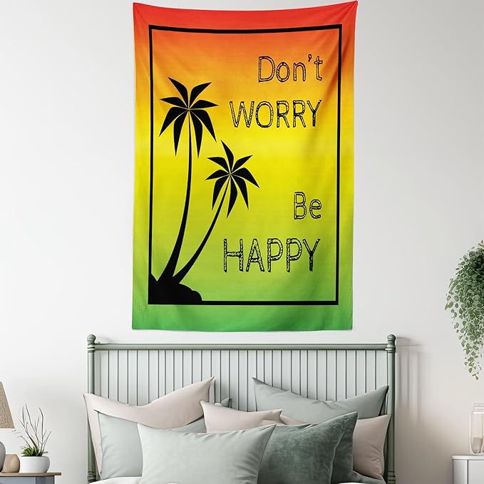 Ambesonne Rasta Tapestry, Dont Worry Be Happy Music Words of Iconic Singer Palms Ombre Colors, Fabric Wall Hanging Decor for Bedroom Living Room Dorm, 23" X 28", Lime Green Yellow Black