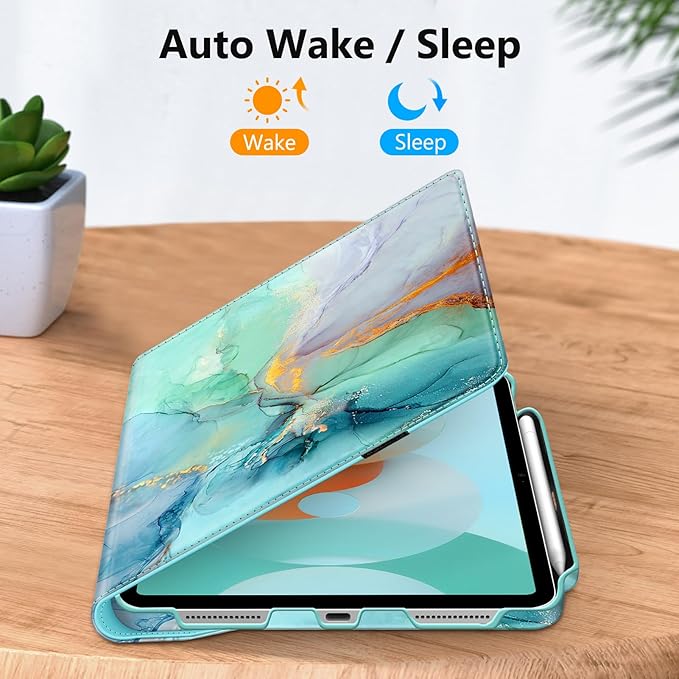 Fintie Rotating Case for iPad (A16) 11th Generation 11 Inch (2025), iPad 10th Generation 10.9 Inch (2022) - [Built-in Pencil Holder] 360 Degree Rotating Protective Stand Cover, Emerald Marble