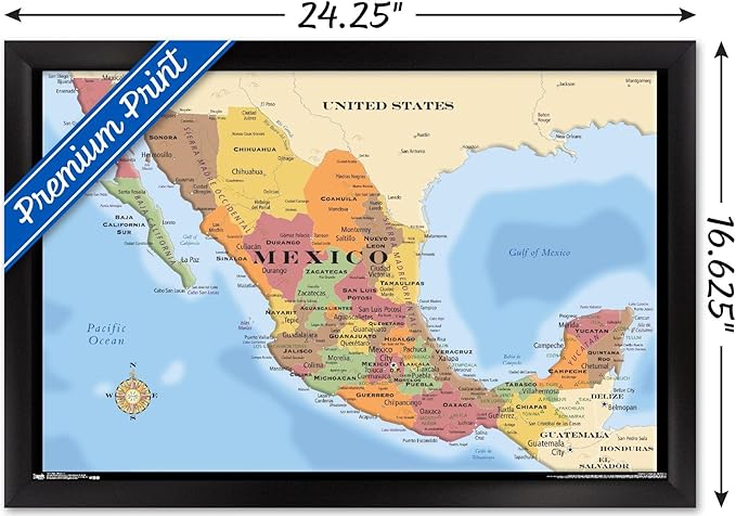 Trends International Map - Mexico Wall Poster, 14.725" x 22.375", Black Framed Version