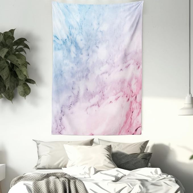 Ambesonne Marble Print Tapestry Twin Size, Pastel Toned Cloudy Crack Lines Stained Antique Shabby Design, Wall Hanging Bedspread Bed Cover Wall Decor, 68" X 88", Pink