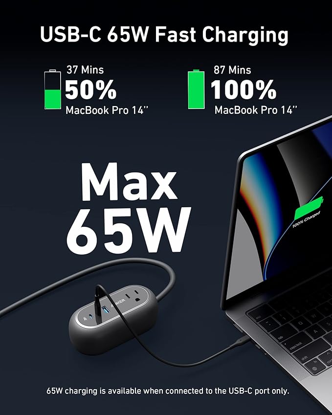 Anker GaNPrime 65W Charging Station, 3ft, 615 USB-C 5-in-1 Power Strip for Travel and Work with 2AC, 2 USB-C, 1 USB-A, Power Delivery for iPhone 16/16 Plus/16 Pro/16 Pro Max, and More