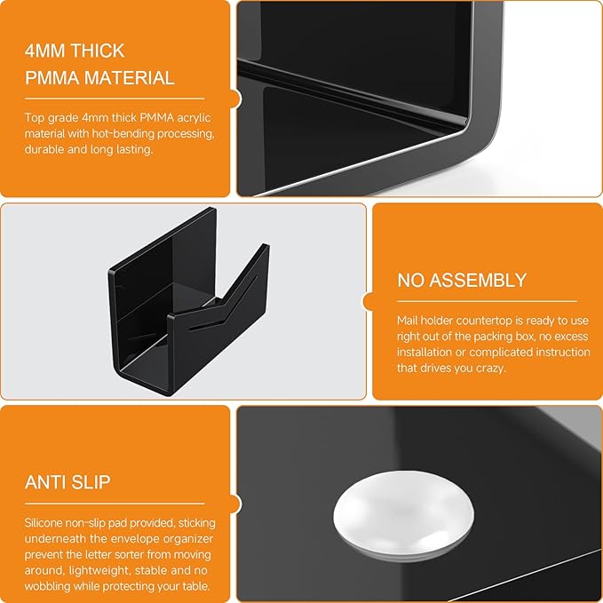 Beego Envelope and Mail Organizer Countertop - Black Acrylic Desk Organizer Letter Holder Desktop File Sorter Bill Document Folder Rack for Office, Home, School Desk Organization
