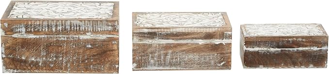 Deco 79 Wood Floral Handmade Decorative Box Decorative Keepsake Boxes with Hinged Lid, Set of 3 Storage Boxes 12", 11", 9"W, Brown