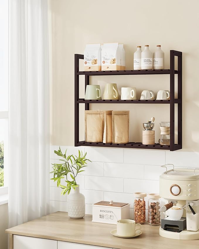 SONGMICS Bamboo Bathroom Shelf, 3-Tier Adjustable Plants Rack, Wall-Mounted or Stand, in The Living Room, Balcony, Kitchen, 5.9 x 23.6 x 21.3 Inches, Brown