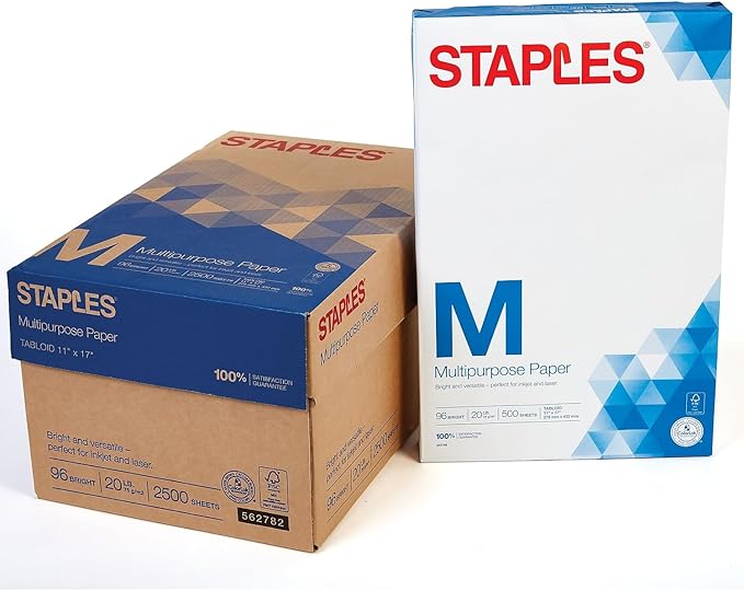 Staples Inkjet Paper – 11” x 17” Multipurpose Paper, 1 Carton of 5 Reams for 2,500 Total Sheets, 20 lbs