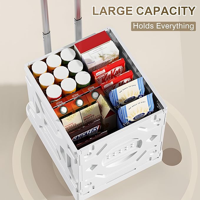 VECELO Rolling Carts with Wheels, Foldable Utility Cart, Light Weight Platform Trucks Dolly, with Recessed Design for Lids, 4 Heavy Duty Wheels, Ideal for Shopping, Camping, Teachers, Pearl White