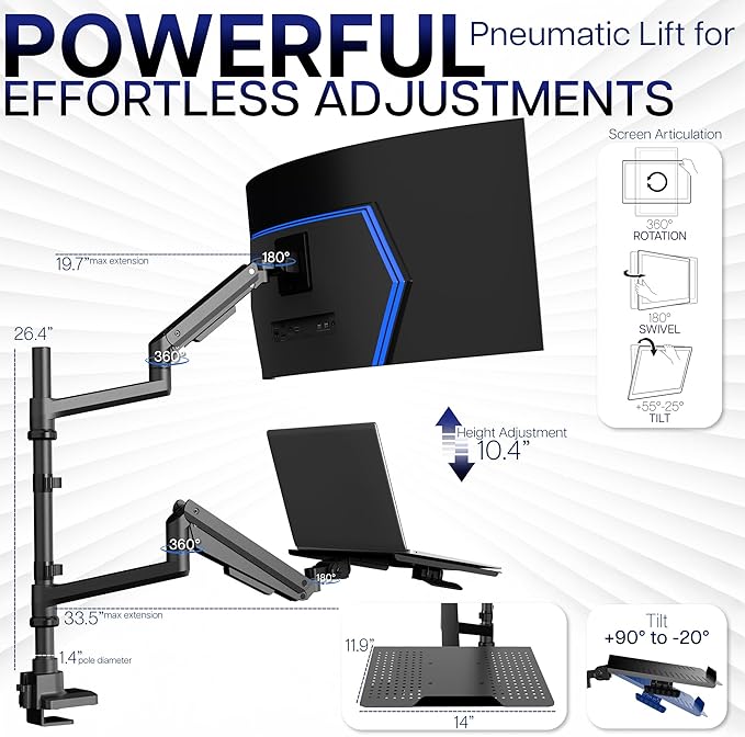 VIVO Pneumatic Arm Ultrawide Monitor Extra Tall Desk Mount for Up to 49 inch Screens and Laptop Tray for Up to 17 inch Notebooks, Holds Ultra-Wides Up to 44 lbs, Black, STAND-V120K-L