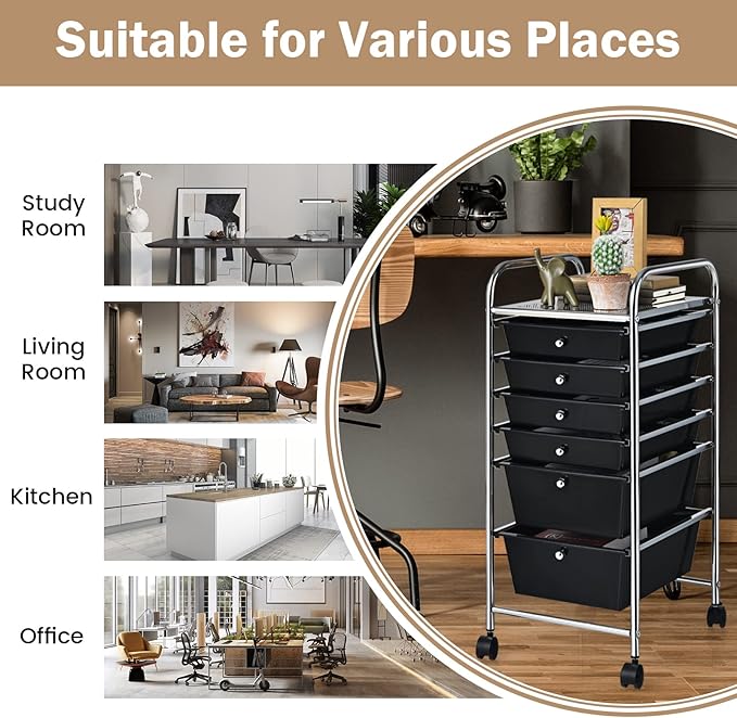 COSTWAY 6-Drawer Rolling Storage Cart, Multifunctional Art Craft Tools Organizer on Wheels, Heavy Duty Utility Mobile Storage Trolley w/ 2 Lockable Wheels for Home Office School (Black)