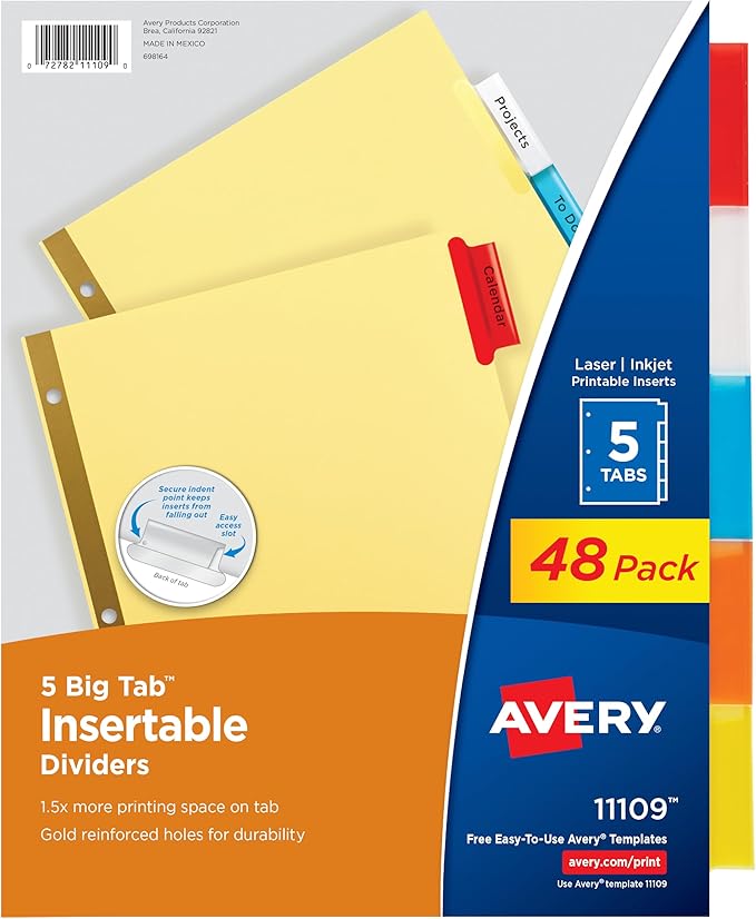 Avery Binder Dividers - 5-Tab Insertable Multicolor Big Tabs for Binders, 48 Sets of Dividers (11109)