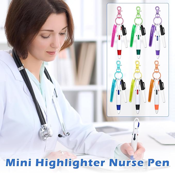 6 Pcs Nurse Pen Set, Mini Highlighter Nurse Pen Pack Set Nurse Pens for Badge Include Tip Highlighter Permanent Marker Pen Retractable Ball Pen with Nursing Keychain Clip (6 Color)