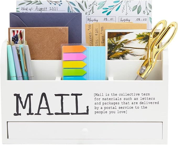 Juvale Wooden 3-Tier Countertop Mail Organizer - Desktop Organizer with Drawer for Paper & Supplies - Wall-Mount Mail Holder for Envelopes & Letters - White, 11 x 7 x 4 in