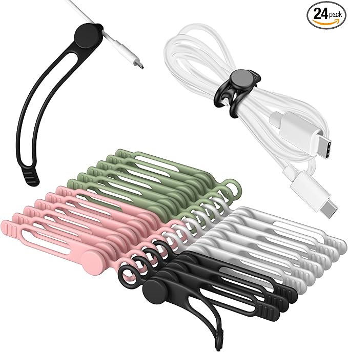 24Pcs Nearockle Silicone Cable Ties 3 Inch Cord Organizer, Reusable Small Zip Ties Cable Organizer for Charging Cords Earphone Computer Wire, Office Desk Cable Management Travel Accessories(4 Colors)