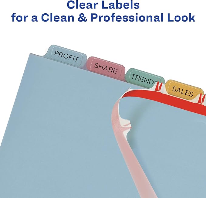 Avery 8 Tab Plastic Dividers for 3 Ring Binder, Easy Print & Apply Clear Label Strip, Index Maker Customizable Multicolor Tabs, 5 Sets (11433)