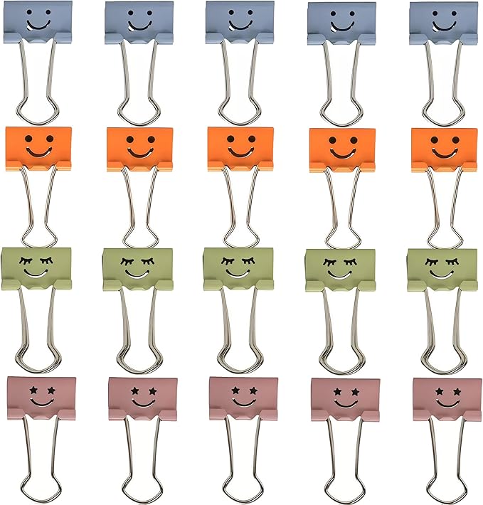 Smiling Face Binder Clips Small, 20 Pcs Colored Binder Clips Assorted Color (19mm), Cute Emoji Paper Clamps for Office, School and Home, Fun & Decorative Orange Paper Clips Gift