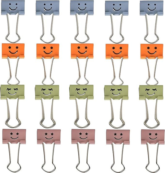 Smiling Face Binder Clips Small, 20 Pcs Colored Binder Clips Assorted Color (19mm), Cute Emoji Paper Clamps for Office, School and Home, Fun & Decorative Orange Paper Clips Gift
