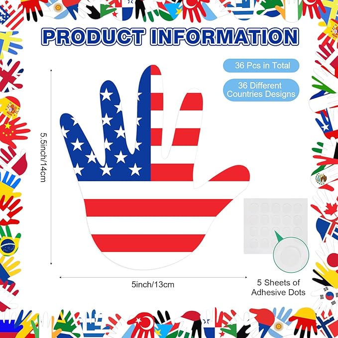 36 Pcs Around The World Bulletin Board Set Flags of The World Multicultural Hands Cut Out Decorations International Country Flags History Classroom Decor Diversity Back to School Wall Door
