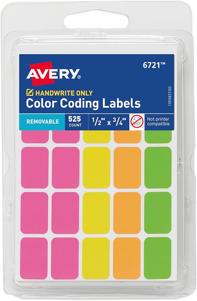 Avery Rectangular Color Coding Labels, Assorted, Removable, Pack of 525 (06721)