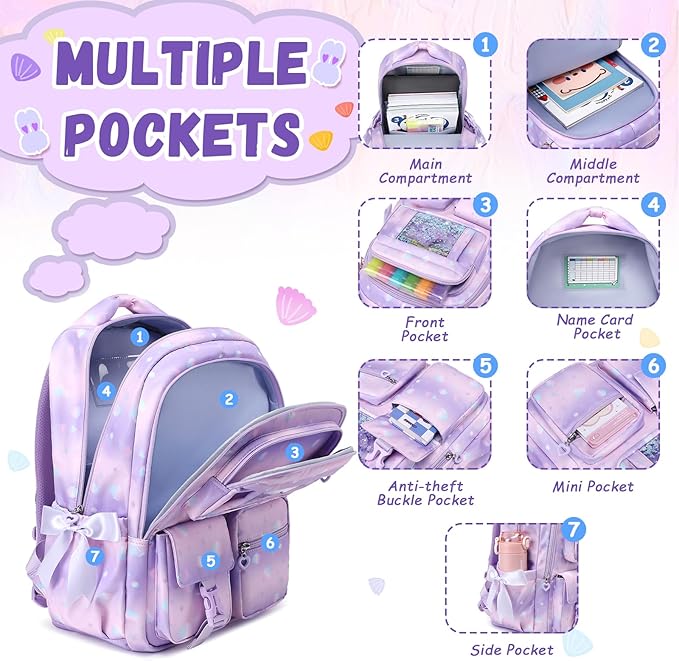 Kids Backpack for Girls - School Bags for Middle School Students - Book Bag for Elementary Primary - Kawaii Ita Backpack - Purple Shell
