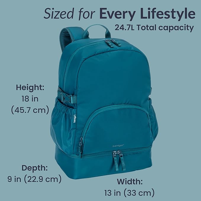 Bentgo 2-in-1 Adult Backpack & Insulated Lunch Bag – Lightweight, Water-Resistant Travel Backpack with 9 Compartments, Laptop Sleeve & Trolley Sleeve for Work & Everyday Use (Deep Teal)