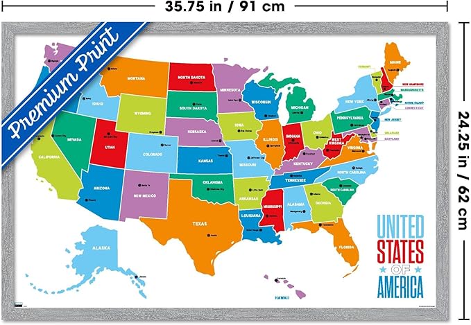 Trends International Map - United States Of America 2022 Wall Poster, 34L x 22.4W, Gray Framed Version