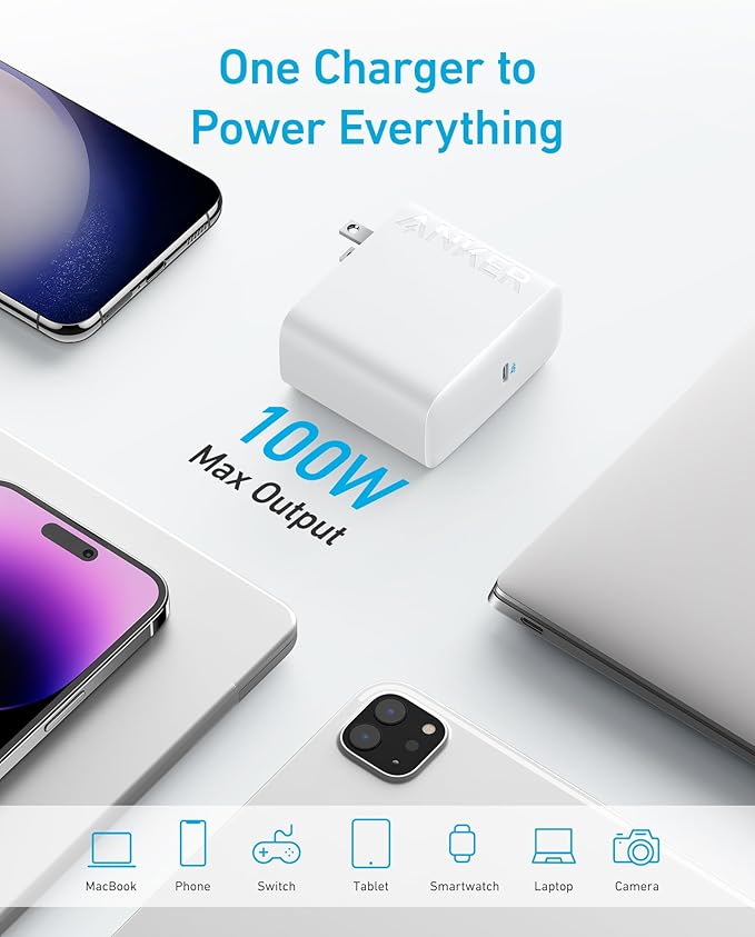 Anker MacBook Pro Charger, Compact and Foldable 100W USB C Charger for MacBook Air, Samsung Galaxy, iPad Pro, and More, 5FT USB C Cable Included