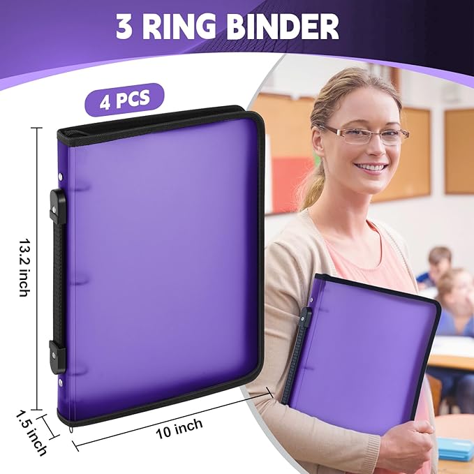 Teling 4 Pcs 1 Inch Purple Zipper Binder with 3 Ring Zipper Binder, Refillable Plastic Clear File Organizer Planner for Projects, Assignments, Memos, School Work, 11.3 x 9.3 Inches