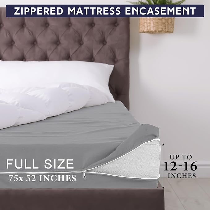 Zippered Mattress Fitted Protector Deep Mattress Encasement Soft Zipper Fitted Sheet Microfiber Bed Sheet Cover for Bed(Light Gray,Full,12-16in)