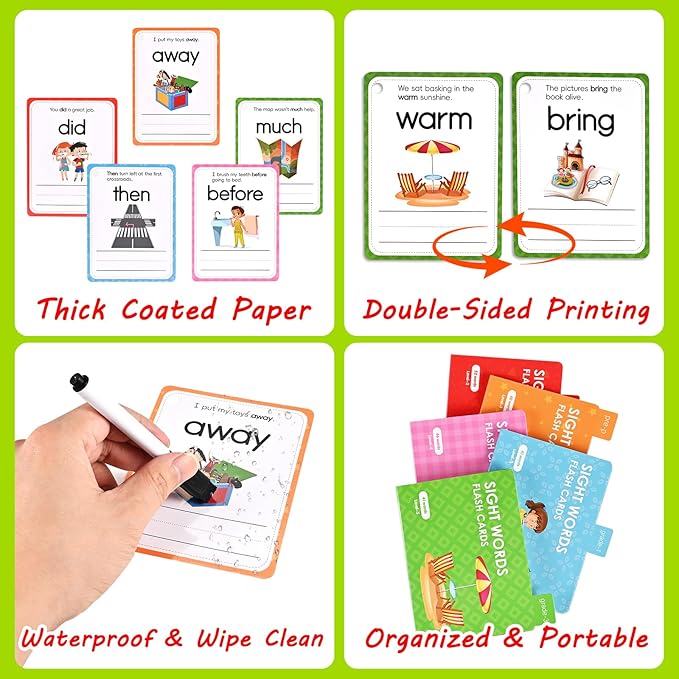 Goldge Sight Words Flash Cards Kindergarten, 220+ High-Frequency Words with Sentences Reading Writing Spelling Practice Cards with Dry Erase Markers, Learning Activities for Preschool Grade 1 2 3