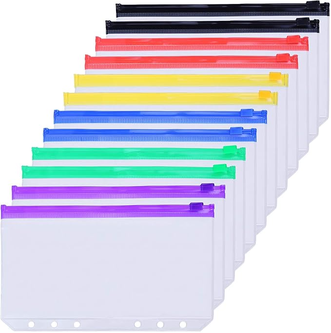Antner 12PCS A6 Binder Pockets 6-Hole Budget Cash Envelopes Multicolor Zipper Money Organizer for Cash Stuffing, Waterproof PVC A6 Planner Inserts Binder Pouches Loose Leaf Document Storage Bags