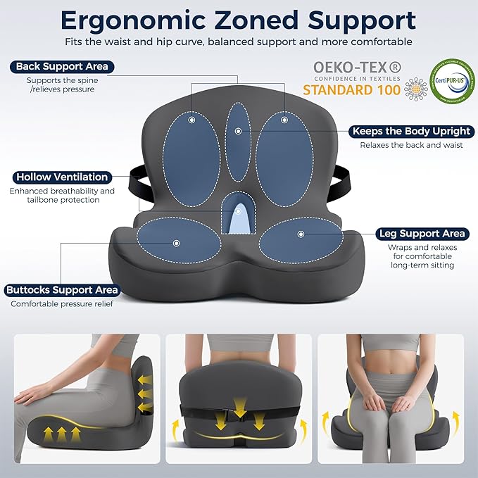 Seat Cushion, Office Chair Cushions for Tailbone Relief, Seat Cushions for Office Chair with L-Shaped Ergonomic Design & Adjustable Strap, Memory Foam Chair Cushion for Long Sitting Worker(Dark Gray)