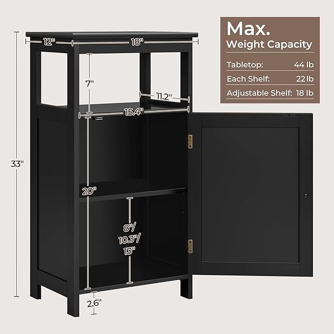 Yaheetech 4-Tier Bathroom Floor Storage Cabinet, Bathroom Free Standing Storage Organizer with Single Door and Adjustable Shelf, Narrow Side Cabinet for Living Room, Kitchen, Hallway, Black