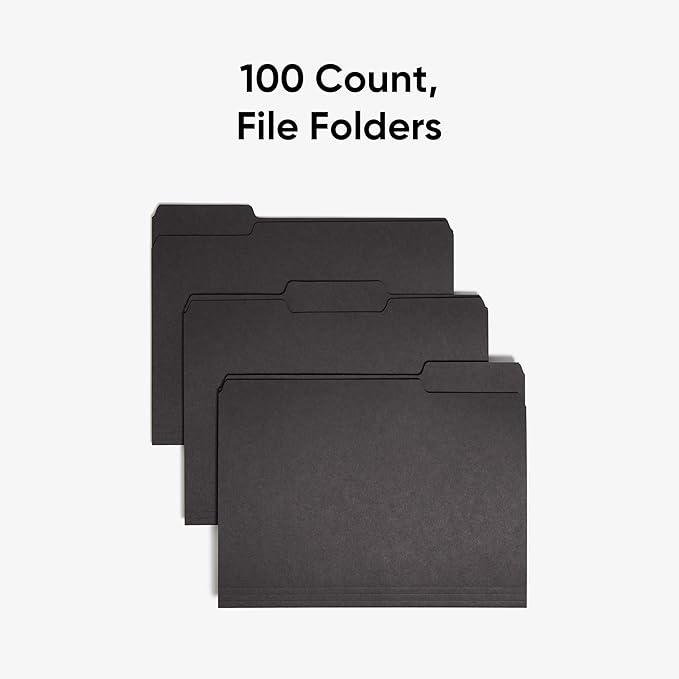 Smead Interior File Folder, 1/3-Cut Tab, Letter Size, Black, 100 per Box, Expandable File Folders for Filing Cabinet (Pack of 2)