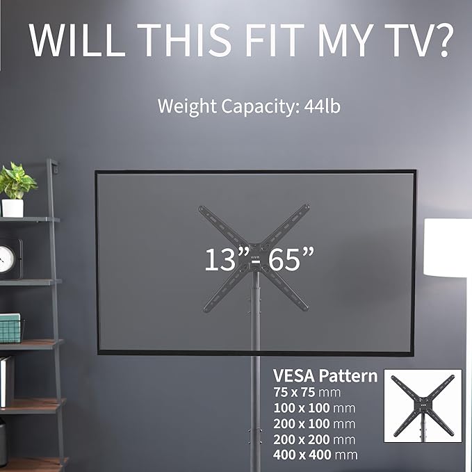 VIVO Height Adjustable TV Floor Stand for 13 to 65 inch Screens up to 44 lbs, LCD LED OLED 4K Smart Flat and Curved Monitor Panels, 50 inch Tall, Max VESA 400x400, Black, STAND-TV08