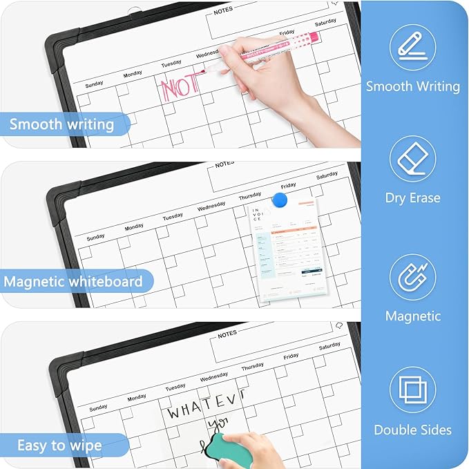 Small Calendar Dry Erase Whiteboard for Wall, 16" x 12" Magnetic Dry Erase Board, Double-Sided Hanging Monthly White Board Calendar for Drawing, Kitchen, Planning, Memo, Home, Office（ Black）