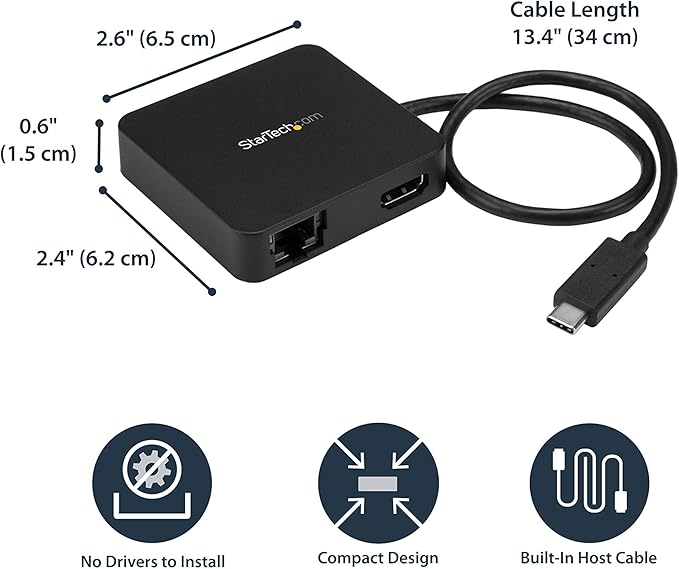StarTech.com USB C Multiport Adapter - Portable USB-C Mini Dock 4K HDMI Video - Gigabit Ethernet, USB 3.0 Hub (1x USB-A 1x USB-C) - USB Type-C Multiport Adapter - Thunderbolt 3 Compatible, TAA