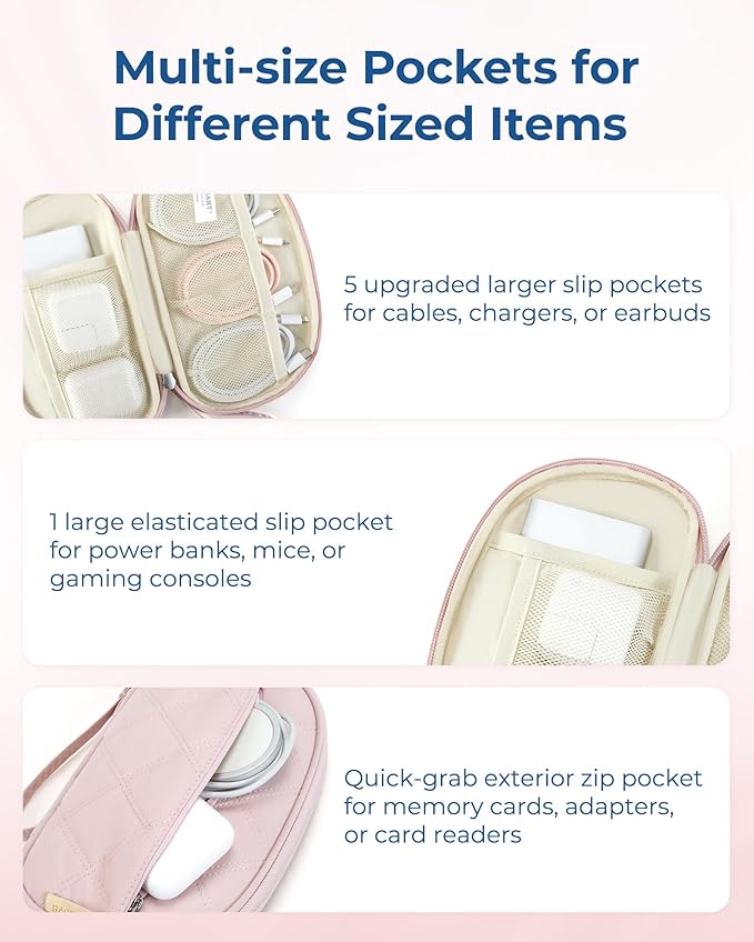 BAGSMART Cord Organizer Travel Cable Bag, Compact Tech Electronic Organizer Travel Case, Essentials for Charger, Cable, Phone, Flash drive - Pink