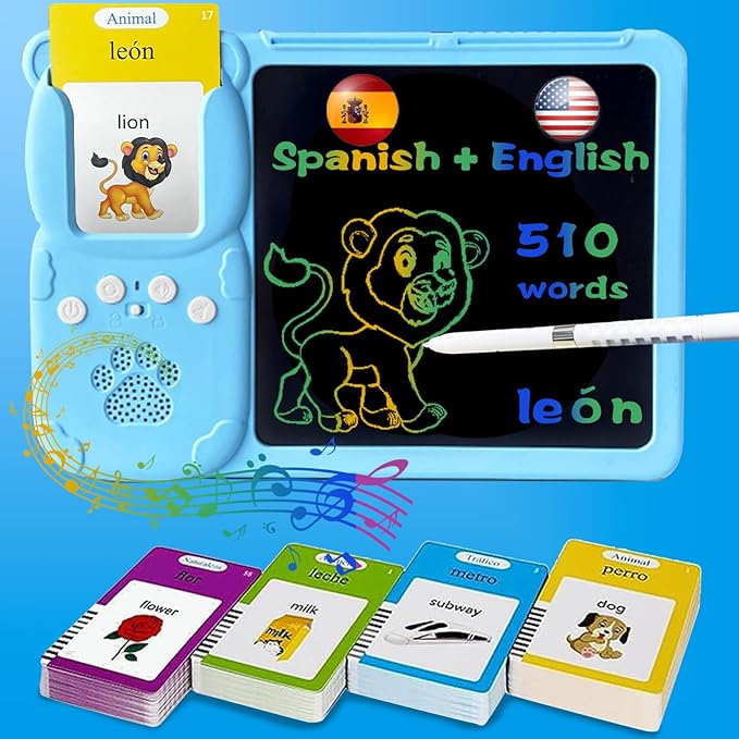 English Spanish Flash Cards for Kids 3-12 - Drawing Writing Tablet for Toddlers, Sensory Toys for Autistic Children, 510 Sight Words, Travel Activities for 4 Year Old Girl Boy (Blue)