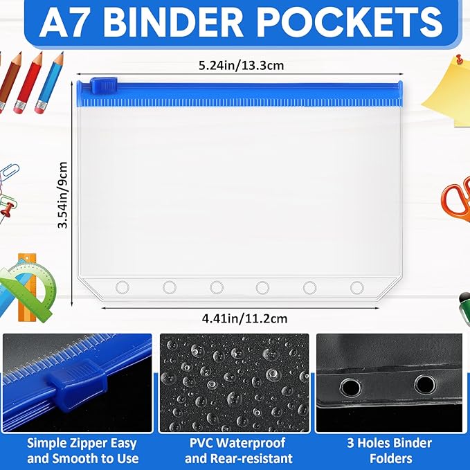 40 Pieces Binder Pockets 6 Hole Zipper Pouch 6 Ring A7 Pockets with Zipper Binder Folders Plastic Pouches Loose Leaf Bags Waterproof PVC Document Filing Bag