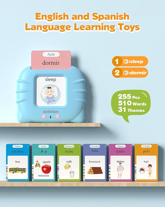 Bilingual Spanish and English Talking Flash Cards for Ages 2+, Pocket Speech Therapy Tools with 510 Words, Montessori Language Learning Aids, Children's Sensory Learning Kit