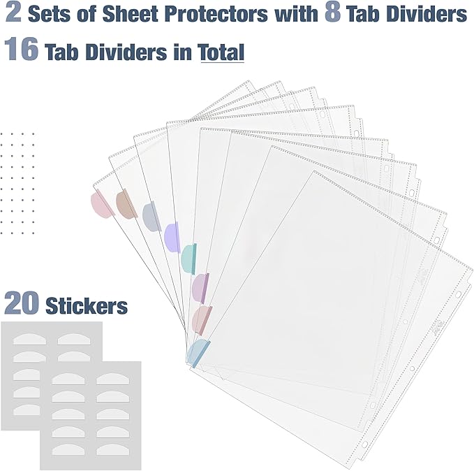 Mr. Pen- Clear Sheet Protectors with Tabs, 8 Tabs, 2 Sets, Clear Plastic Dividers for 3 Ring Binder, Insertable Index Page Divider Multicolor Tabs