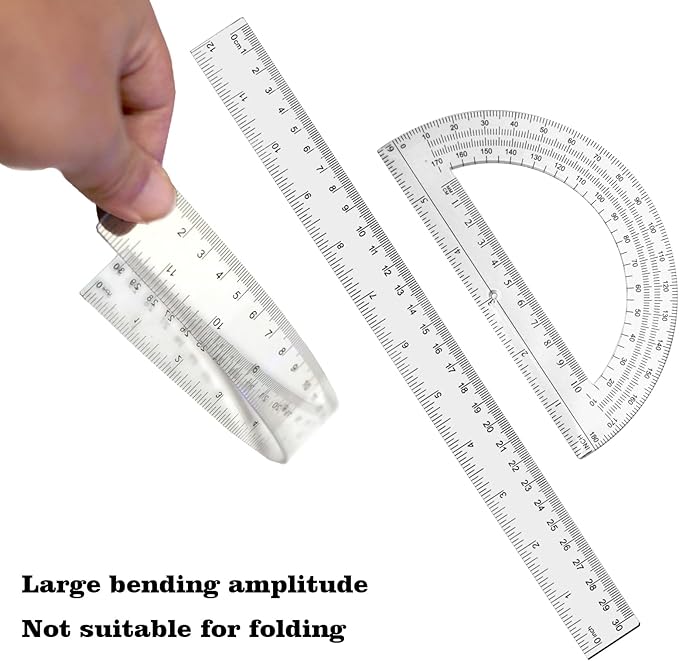 2 Packs 12 Inch Plastic Ruler and 6 Inch Plastic Protractor Set Clear Math Geometry Set Classroom Set Angle Detector School Supplies Classroom Ruler Home Office Drawings (Transparent)