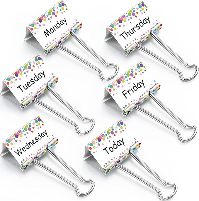 Tenare 6 Pieces Teacher Essentials Large Binder Clips 2 Inches Teacher Binder Paper Clips Office Back to School Gifts Classroom Supplies Management Supplies(Cute Days of The Week)