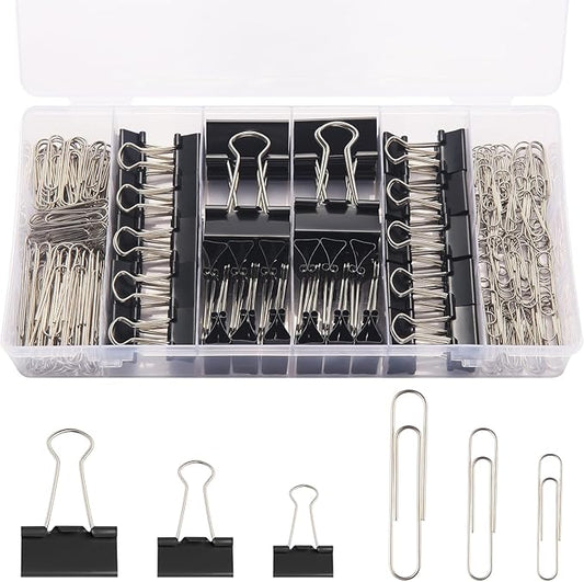 240PCS Black Assorted Size Paper Clips and Binder Clips, Paperclips Large Medium Small, Binder Clip and Paper Clip Set for Home, School, and Office Supplies in a Container with Compartments