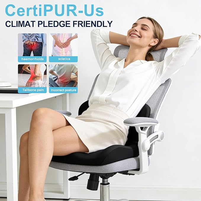 Seat Cushion, Office Chair Cushion, L-Shaped Ergonomic Car Seat Cushions, Memory Foam Chair Cushion, Lumbar Support Pillow for Wheelchair, Car, Home, Office, Desk, Black