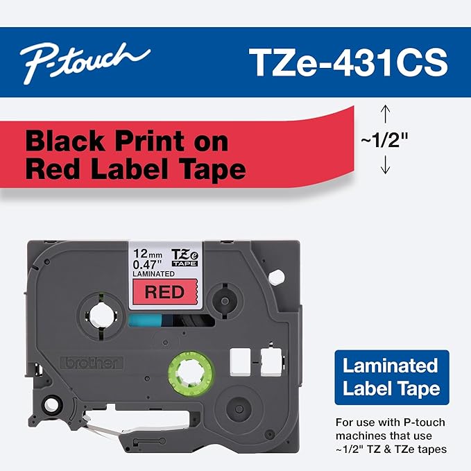 Brother Genuine P-touch, TZe-431CS, 0.47” x 26.2’, Black on Red Laminated Label Tape