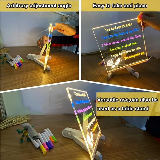 2 Set LED Note Board with Colors, Glowing Acrylic Dry Erase Board, 11.8 x 7.87 and 5.9 x 5.9 Two Sizes Illuminating Dry Erase Board with Stand, for Study, Work and Personal Creative Use