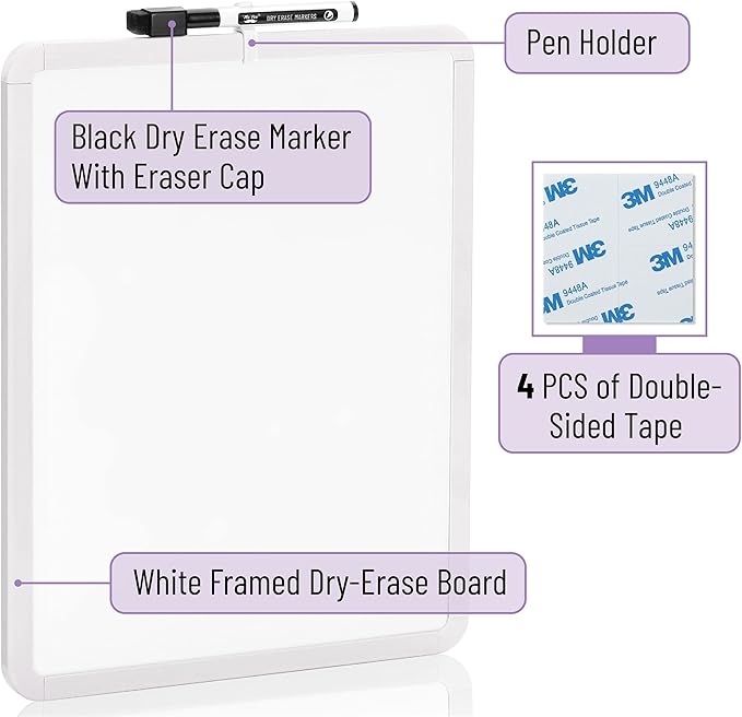 Mr. Pen- Dry Erase Board, 14” x 11” with a Black Dry Erase Marker, Small Mini White Board for Students, White Frame, Includes Double Sided Tapes