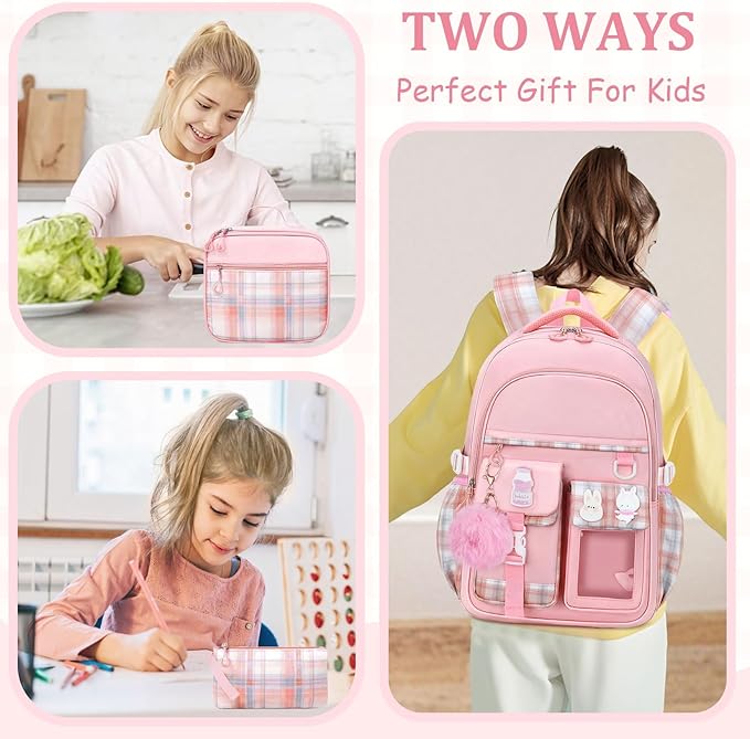 School Backpack for Girls - 5PCS Girls Backpack with Lunch Box Set for Elementary, Middle and High School Students - 18" Large Capacity School Bookbag with Multiple Pockets